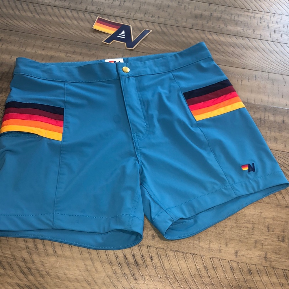 Aviator Nation Horizontal 5 Stripe Flex Shorts in Antiqua. Deep Hip Zip Pocket.